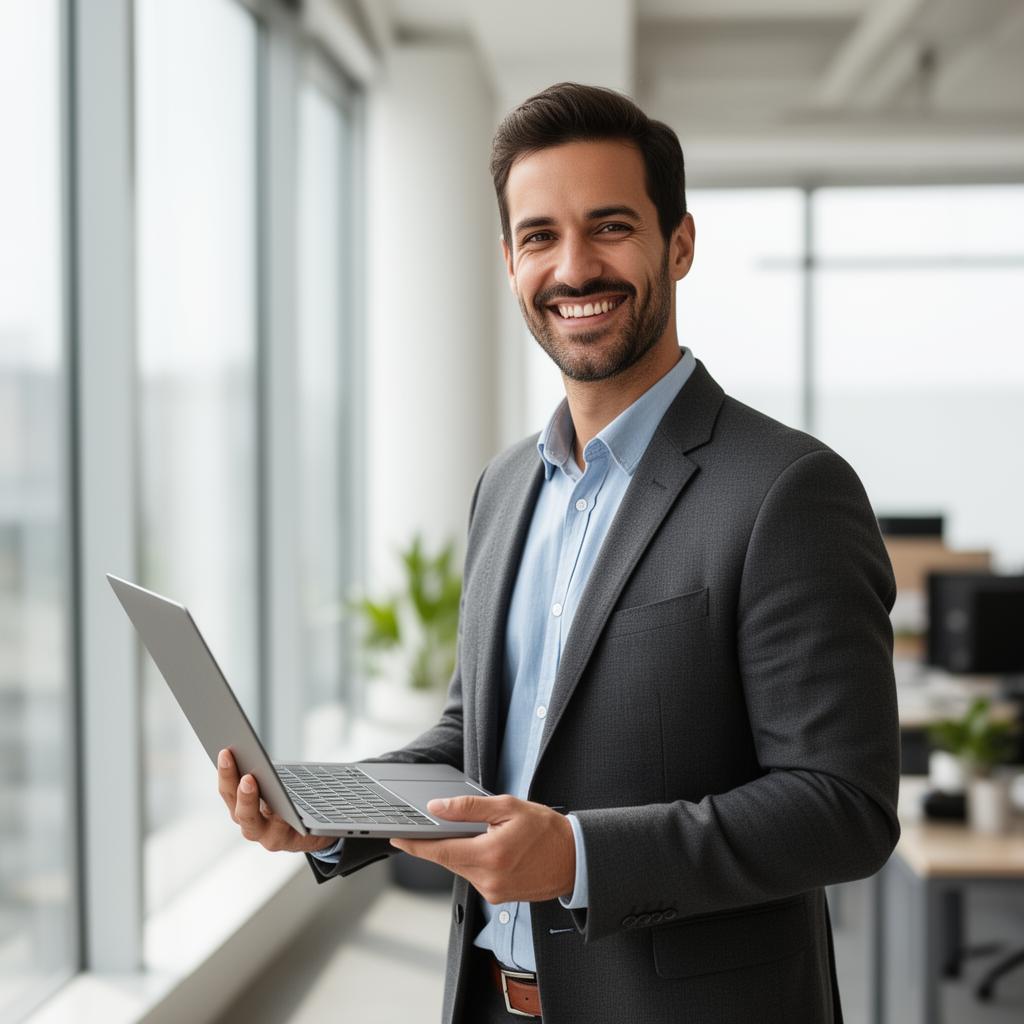 Confident entrepreneur with laptop in a modern office